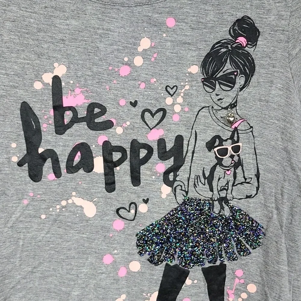 Justice Gray Short Sleeve Tee Girls 10 Be happy Glitter Heart Dog Sunglasses Top